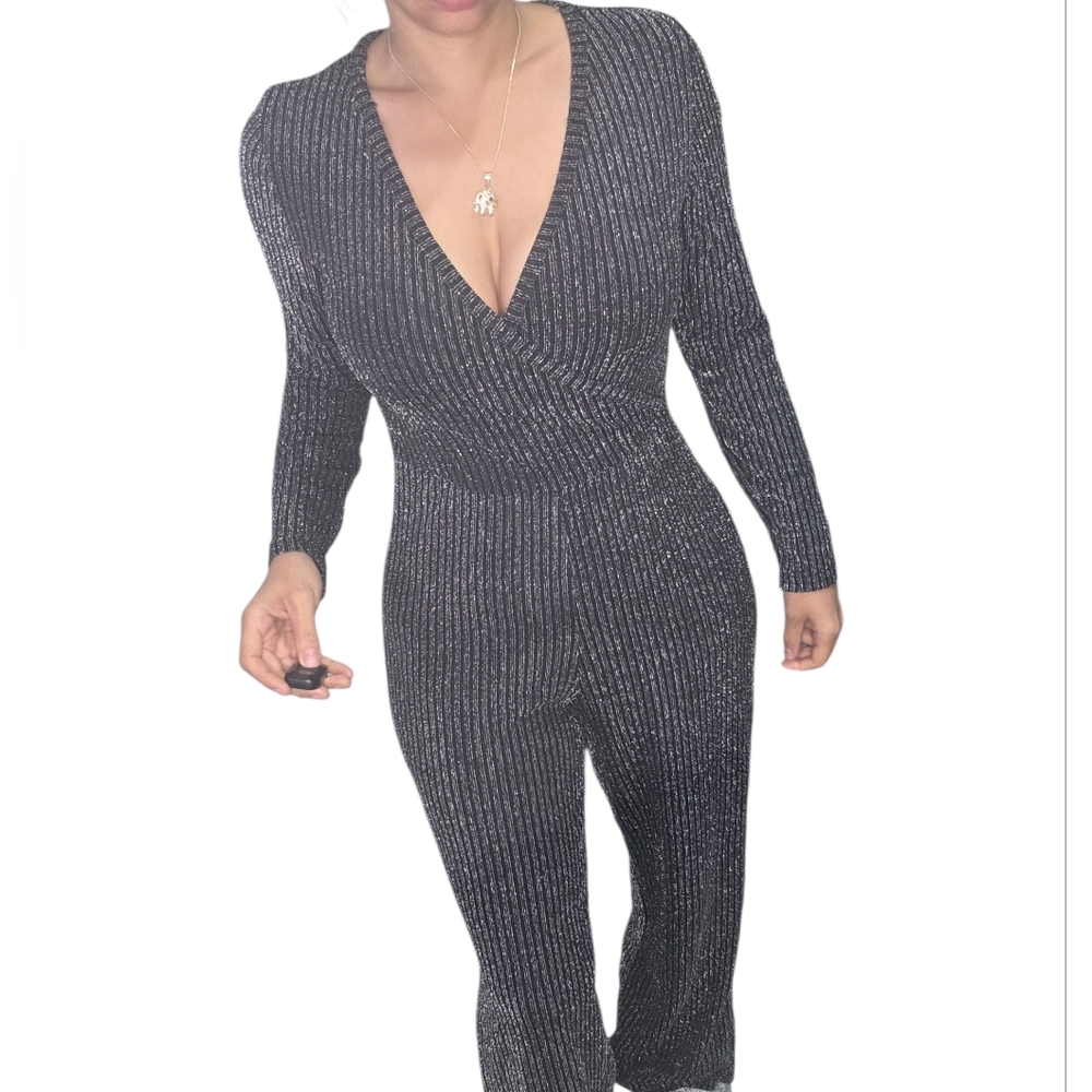 Chic Black and Silver Striped Jumpsuit